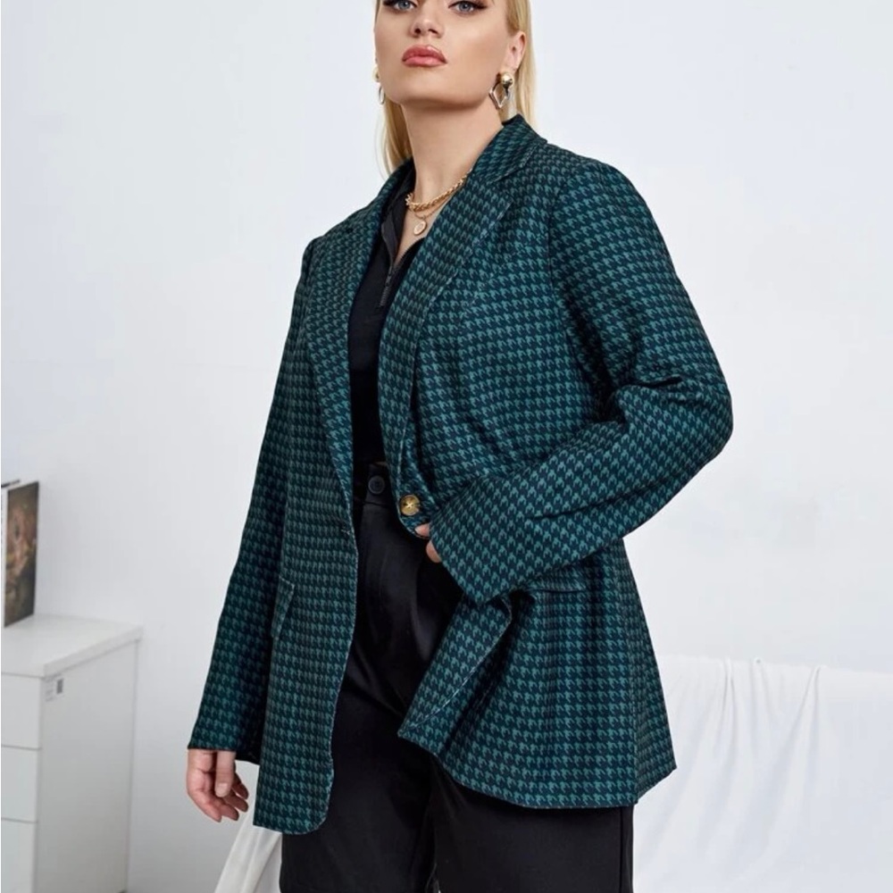 Dark Green Houndstooth Single Button Blazer